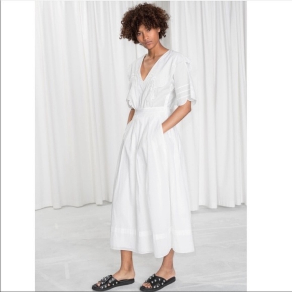 Palm embroidered scallop midi dress